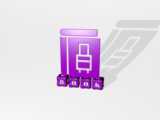 3D representation of BOOK with icon on the wall and text arranged by metallic cubic letters on a mirror floor for concept meaning and slideshow presentation. illustration and background