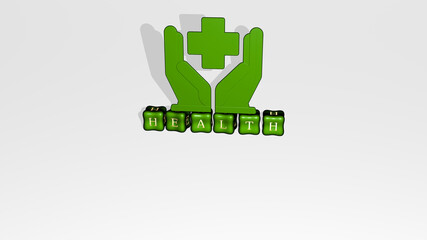 Fototapeta premium 3D graphical image of health vertically along with text built by metallic cubic letters from the top perspective, excellent for the concept presentation and slideshows. illustration and background