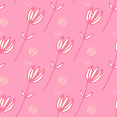 Fototapeta na wymiar Simple outline flowers seamless doodle pattern. Pink background and white elements.