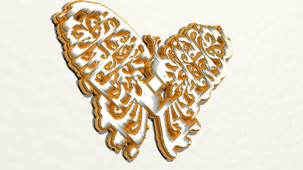 PATTERNED BUTTERFLY made by 3D illustration of a shiny metallic sculpture on a wall with light background. abstract and design