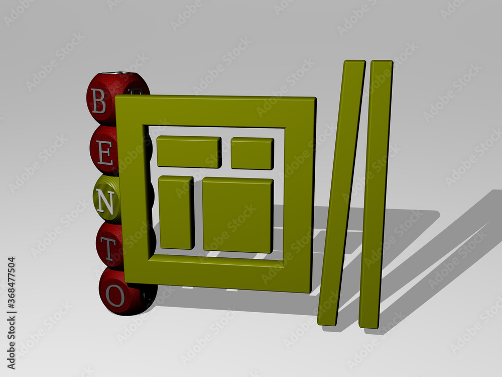 Poster 3D graphical image of BENTO vertically along with text built around the icon by metallic cubic letters from the top perspective. excellent for the concept presentation and slideshows. food and