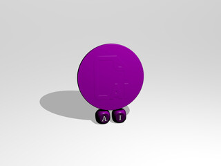 3D representation of ai with icon on the wall and text arranged by metallic cubic letters on a mirror floor for concept meaning and slideshow presentation. artificial and illustration