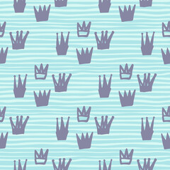Crown doodle elements seamless hand drawn pattern. Bright background with strips.