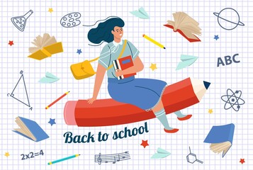 Girl flying on pencil vector illustration. Back to school. Flat vector illustration.