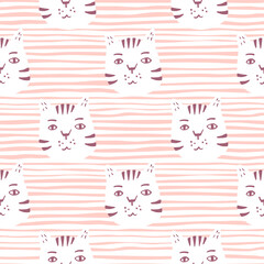 Simple animal seamless pattern with white cat faces. Background with pink strips.
