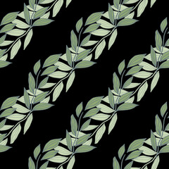 Branches leaves silhouettes seamless pattern. Floral backdrop with black background. Green tones botanic onament.