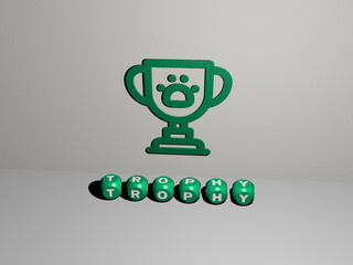 3D graphical image of TROPHY vertically along with text built by metallic cubic letters from the top perspective, excellent for the concept presentation and slideshows. illustration and award