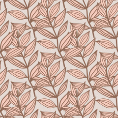 Floral seamless pattern with outline foliage silhouettes on grey background. Light pink botanic ornament.
