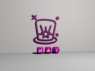3D illustration of hat graphics and text made by metallic dice letters for the related meanings of the concept and presentations. background and girl