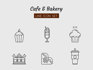 line icon symbol set, bakery coffee cafe sweet and beverage, cake, cupcake, sandwich, muffin, ice cream, Isolated flat outline vector design