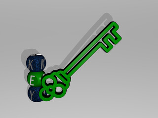 3D representation of KEY with icon on the wall and text arranged by metallic cubic letters on a mirror floor for concept meaning and slideshow presentation. background and illustration