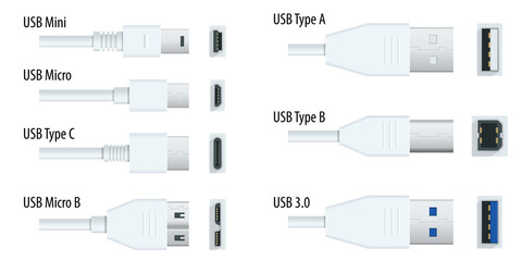 Flat white usb types port plug in cables set with realistic connectors. Connector and ports. USB type A, type B, type C, Micro, Mini, MicroB and type 3.0