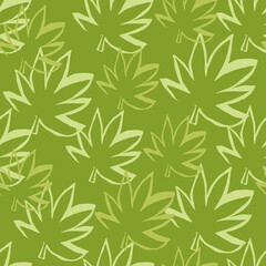 Fototapeta na wymiar Random seamless pattern with green hemp leaves and green background. Marijuana outline silhouette wallpaper.
