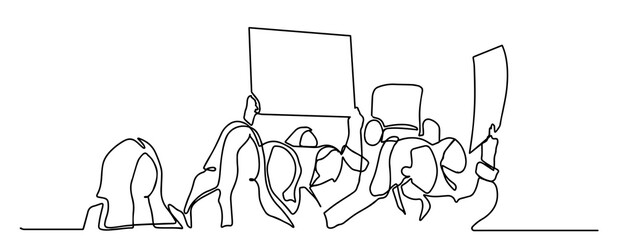 Protesters crowd simple black and white vector backview. One continuous line drawing, illustration, background. Continuous one line drawing, Activists protest. Political riot sign banners, people