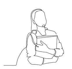 One continuous line drawing of a school girl with books and a backpack. Back to school. One line drawing of a student