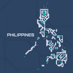 Abstract futuristic map of Philippines. Mechanical circuit of the country. Technology space background.