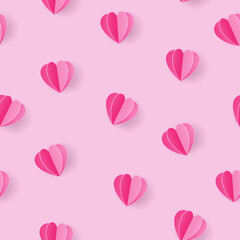 Seamless pattern with paper pink heart on light pink background
