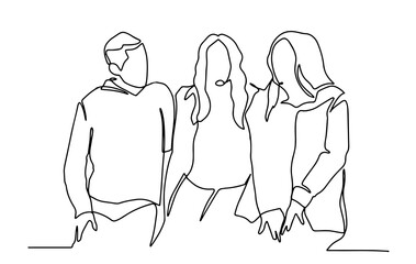 Young friends sitting and talking together - one line drawing. Youth company of happy friends sitting together - one line drawing