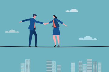Obraz premium Business executives shaking hands on a tight rope. Concept for making deal with risks and challenges