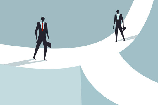 Business executives walk on narrow roads to  enter a merged broader one. Concept for business merger