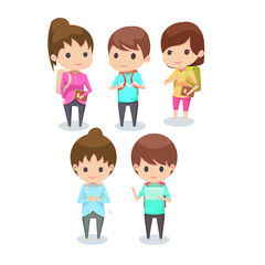 illustration chibi for back to school carrying a bag. cute chibi children's cartoon. cartoon Children's daily fun activity. Vector Female and Male Cartoon Character.