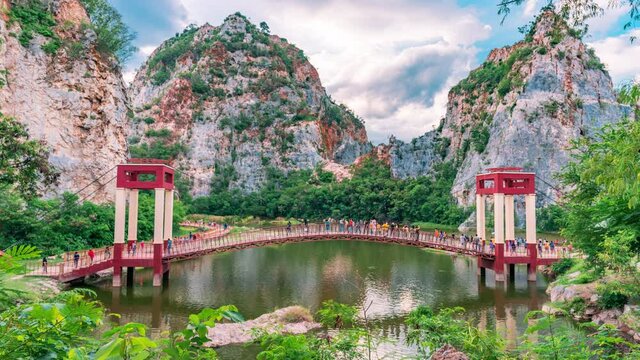 4k Time lapse,Scenery of Hin Kao Nguu National Park with tourists are traveling on a walkway,The famous attraction in Ratchaburi, Thailand