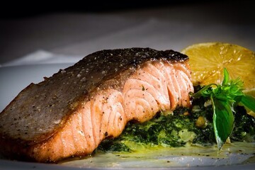 baked salmon with lemon on a pillow of greens