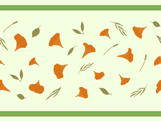 Seamless border with orange chanterelle mushrooms on a light beige background. Suitable for textiles, paper, and manufacturing. Pattern, ornament with red mushrooms, foliage, grass