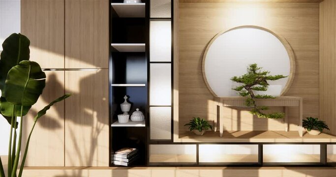 Bonsai tree on cabinet wooden on wall room zen style and decoraion wooden design, earth tone.3D rendering