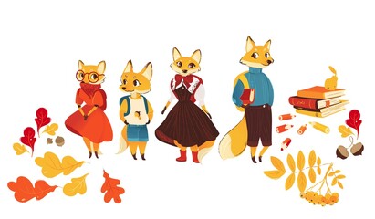 девочка лисичкаHand drawn cartoon fox family set in stylish human clothes