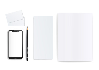 Branding set of template with blank and clean magazines and flyers, pencil and smartphone.