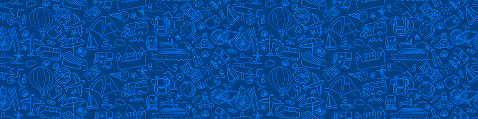 Hand drawn travel seamless horizontal border. Summer vacation doodles on dark blue background. Vector illustration.