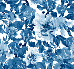 Seamless Pattern Watercolor Artwork Flowers Peony and Irises Cobalt Blue, Floral Textile Design, Plants and Leaves Texture Background