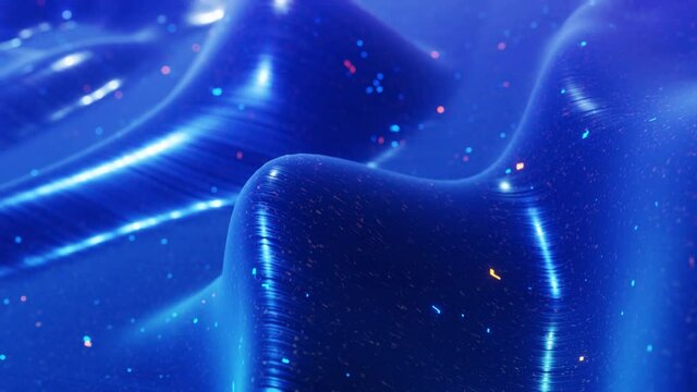 fantastical festive blue bg. Stylish abstract looped background, waves move on glossy surface like landscape made of liquid blue wax with sparkles. Beautiful soft background with smooth animation 4k