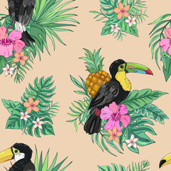 Vector summer seamless pattern with toucan, palm leaves, pineapple, hibiscus and plumeria. Tropical bouquet flowers. It can be used for websites, packing of gifts, fabrics, wallpapers. 