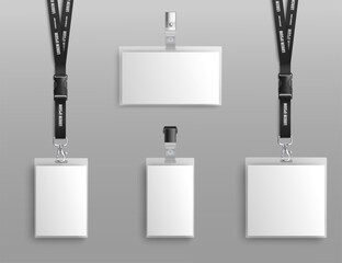 Mockup set of blank badge holders with clips and black lanyard realistic style - obrazy, fototapety, plakaty