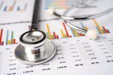 Stethoscope on charts and graphs spreadsheet paper, Finance, Account, Statistics, Investment, Analytic research data economy and Business company concept.