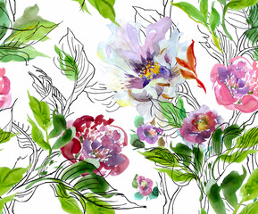 Seamless Pattern Watercolor Hand Drawn Illustration Peony with Doodle Leaves