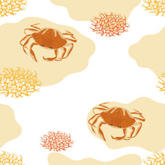 Obraz premium Seamless pattern with crabs, algae ans sand spots. Colorful ocean and sea creatures.
