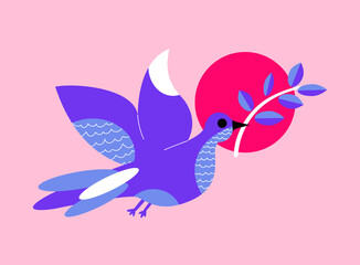 Dove of peace flies and holds an olive branch in its beak. Peace pigeon. Purity, spirituality and hope concept. Peace day greeting card in simple drawing. Vector dove silhouette for Happy Peace Day. 