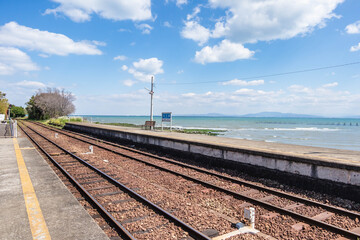 Fototapeta na wymiar Omisaki Station is one of Shimabara Railway which is the closest station to the sea in Japan