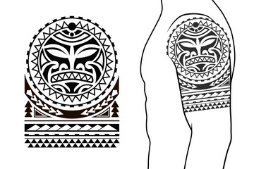 Maori tribal style tattoo pattern fit for a shoulder, arm. With example on body.