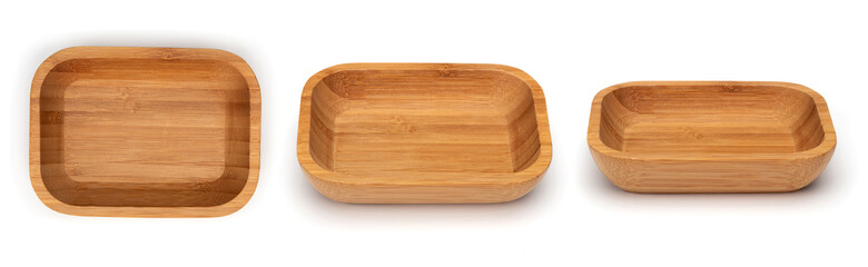 Rectangle wooden empty bowl isolated on white background. Top view.