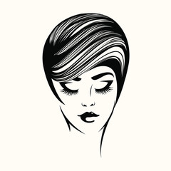 Woman with retro hairstyle and elegant makeup.Hair salon and beauty studio illustration.Cosmetics and spa logo.Young lady portrait.Pretty girl face.Short haircut.Front view.