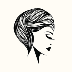 Woman with elegant hairstyle and makeup.Hair salon and beauty studio illustration.Cosmetics and spa logo.Young lady portrait.Pretty girl face.Short, wavy haircut.Profile view.