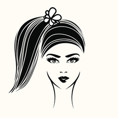 Woman with ponytail hairstyle and elegant makeup.Hair salon and beauty studio illustration.Cosmetics and spa logo.Young lady portrait.Pretty girl face.Flower accessory.Front view.