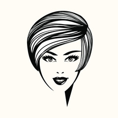 Woman with retro hairstyle and elegant makeup.Hair salon and beauty studio illustration.Cosmetics and spa logo.Young lady portrait.Pretty girl face.Short haircut.Front view.