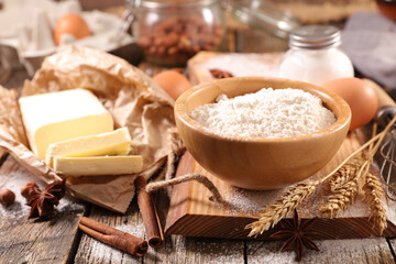 baking ingredient for cake or cookies- flour, butter, chocolate and sugar