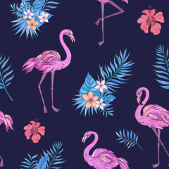Vector trendy seamless pattern with flamingo, palm leaves, hibiscus and plumeria. Summer decoration print for wrapping, wallpaper, fabric. Seamless vector texture.