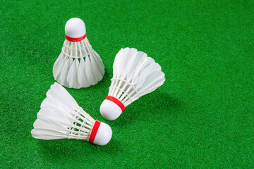 Close-up image of feathers shuttlecocks isolated on green background.